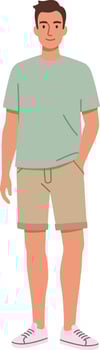 A young man in a casual outfit standing confidently with one hand in his pocket, depicted in a minimal and colorful flat illustration vector