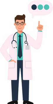 Doctor in a white lab coat with stethoscope, raising finger in thought, minimal illustration conveying professionalism and knowledge vector