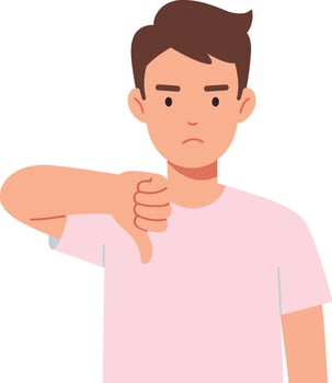 A young man with a neutral expression showing a thumbs down gesture in a flat, minimal design style illustration vector