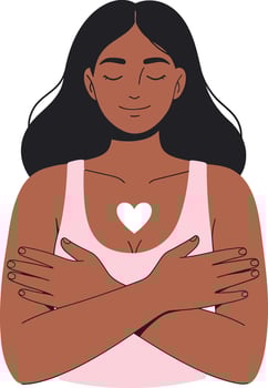 A woman embracing herself with a soft smile, showcasing self-love in a minimal flat design illustration vector