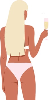Woman in a pink bikini holding a champagne glass, minimal design style, enjoying a sunny day at the beach, cheerful mood, illustration vector