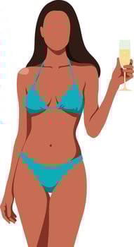 Woman in a turquoise bikini holding a champagne flute, standing confidently with a joyful expression in a flat illustration vector
