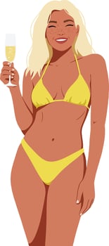 Cheerful woman in yellow bikini holding champagne glass, enjoying a sunny beach day, minimal style illustration vector