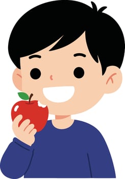 Happy young boy smiling while holding a red apple in a flat, minimal style illustration vector