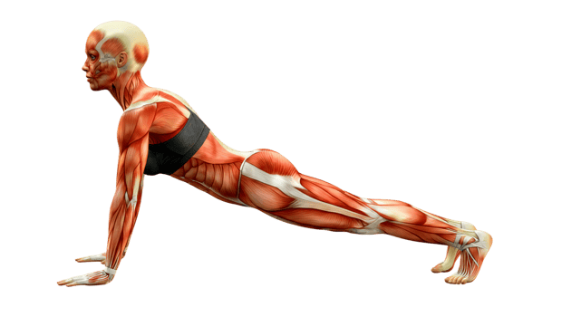 A man is doing a push up on a black background png