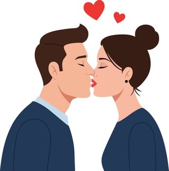 Young couple sharing a romantic kiss with hearts above them in a flat, minimal design illustration vector