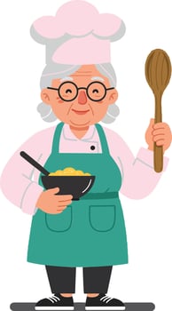 Cheerful elderly woman chef in a green apron holding a bowl of pasta and wooden spoon in flat art vector