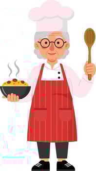 A cheerful elderly woman chef holding a bowl of pasta and a wooden spoon in a minimal flat design illustration vector
