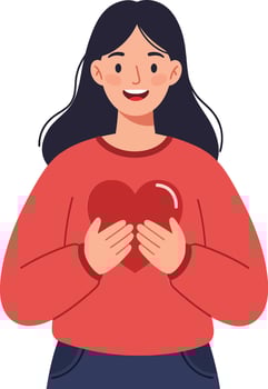 A cheerful woman in casual attire holding a bright red heart symbol in a minimal flat design illustration vector