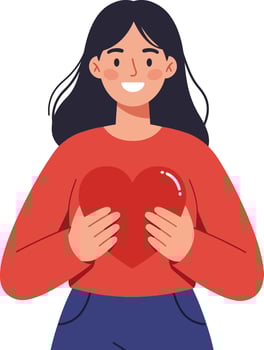 A cheerful woman with long hair holding a large red heart in a minimal flat design style illustration vector