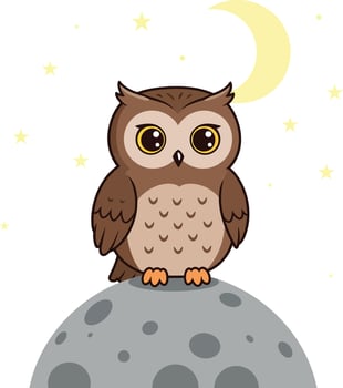 A cute brown owl perched on a grey moon under a starry night sky in minimal art vector