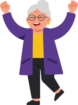 Happy elderly woman celebrating joyfully with arms raised, wearing a purple coat and glasses, in a flat illustration style vector