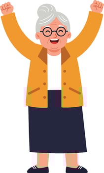 Happy elderly woman celebrating joyfully with raised arms, wearing glasses and a yellow coat in a cheerful flat illustration vector