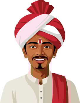 Young man wearing a traditional turban and attire, smiling joyfully in a flat art style, showcasing cultural heritage and pride in the image vector