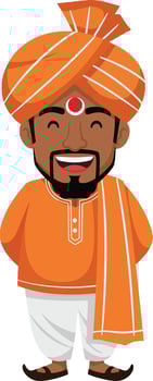 Cheerful man in traditional Indian attire with orange turban and white dhoti, smiling joyfully in a flat illustration vector