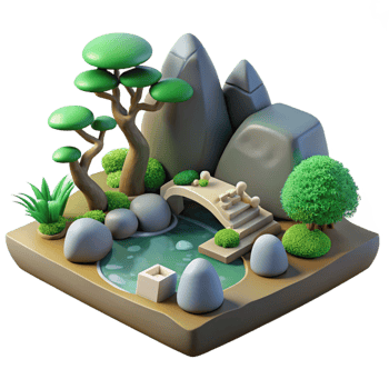 extraordinary contemporary 3D Zen Garden Illustration Tranquil Pond, Bridge, and Bonsai 4K png