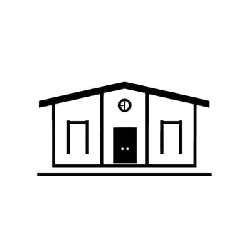 Minimalist Black and White Architectural Illustration Simple House Depicting a Modern Building with Doors, Windows, and a Circular Feature. vector