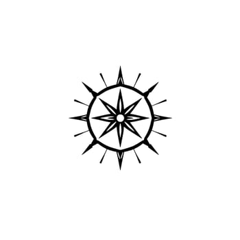 Minimalist black compass rose on white background, nautical theme, centered illustration, geometric starburst. vector