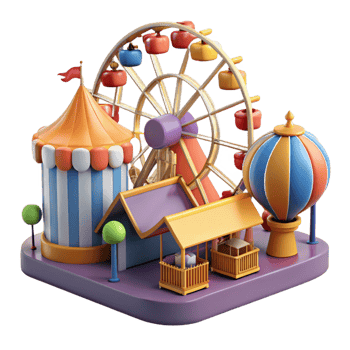 vibrant abstract Funfair 3D Illustration Ferris Wheel, Carousel, and Hot Air Balloon premium png