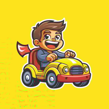 Cheerful Kid Riding a Toy Car Logo Mascot Character with Joyful Expression vector