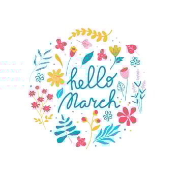 Hello March, composition with hand drawn flowers and hand written text. Colorful design for greeting card, banner, poster, label vector