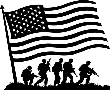 Military Silhouette with Soldiers and Flag vector