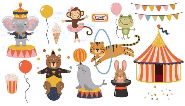 Circus animals clipart, Circus set collection , Cute animals, Carnaval clipart, super set vector