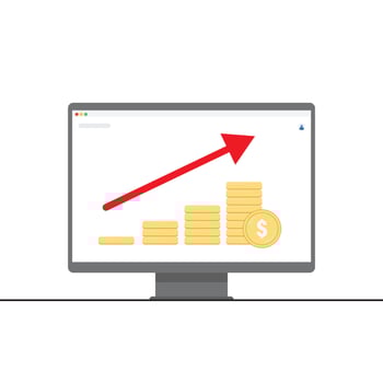 Financial Growth Concept with Increasing Coin Stacks and Upward Arrow on Computer Screen vector