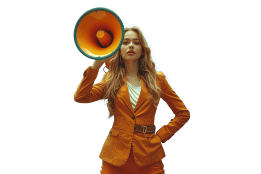 A woman wearing an orange suit is clutching a megaphone in her hand png