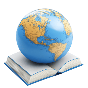 Globe resting on an open book representing global knowledge, Isolated on Transparent Background. png