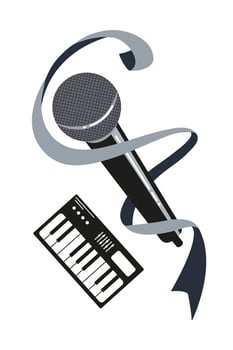 Musical performance equipment with a microphone and keyboard on a white background vector