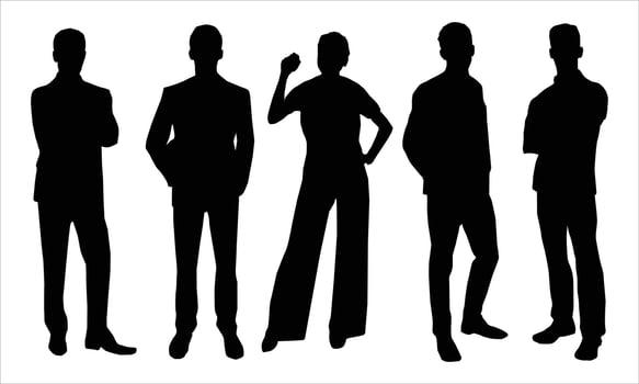 silhouettes of men and a women over white background vector