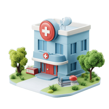 A Cartoon Style Hospital Building with Trees Isolated on Transparent Background. png
