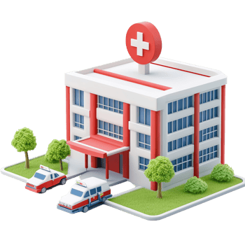 A Red and White Hospital Building with Two Ambulances Isolated on Transparent Background. png