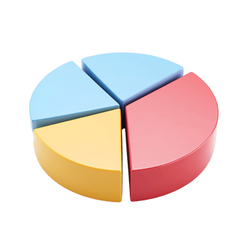A three dimensional pie chart shows data segments Isolated on Transparent Background. png