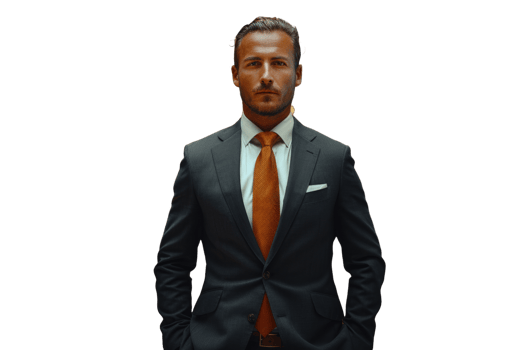 A man in a suit and tie standing with his hands in his pockets png