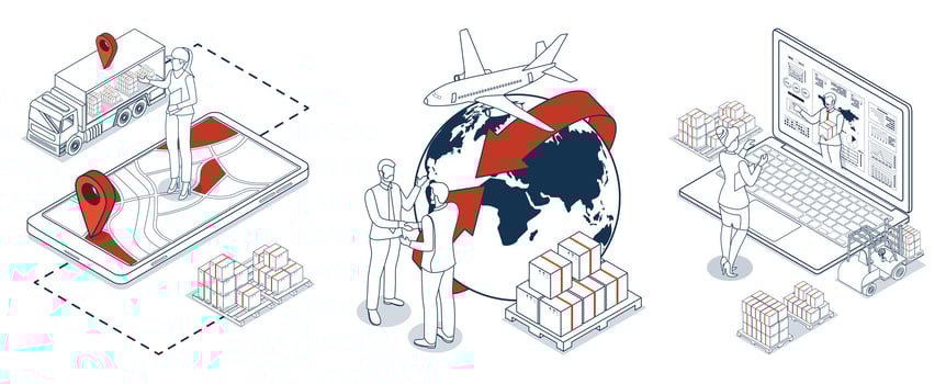 3D isometric scenes depicting multi modal export import operations with Delivery autonomous robots vector
