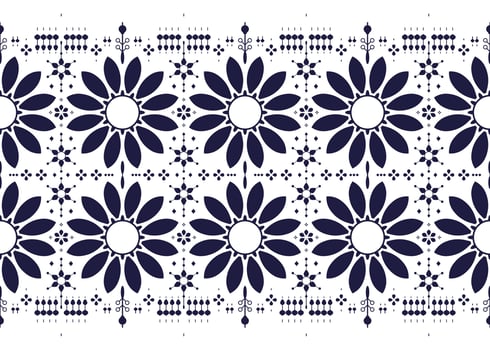 Floral symbols are placed in two rows in front of the board, blue and white color style, ethnic fabric seamless pattern, design for cloth vector