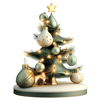 Small Christmas tree with ornaments and lights on png