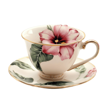 Delicate flower teacup resting elegantly on a matching saucer against a clean transparent backdrop, Flower tea cup on a transparent background png