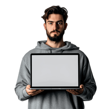 Man in a gray hoodie holds a laptop with a blank screen against a clean transparent background, Man holding the laptop on transparent backgroundfile png