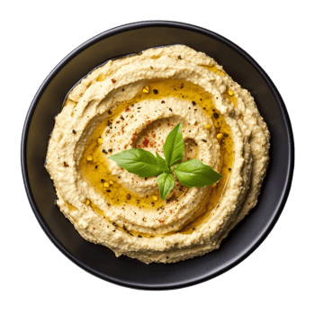 Delicious hummus served on a black plate with olive oil and herbs, isolated on a transparent background, Hummus on black plate, top view, isolated transparent background png
