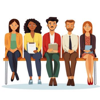 A diverse group of individuals patiently waiting for a job interview in a modern setting, file no background Diverse people waiting for a job interview png