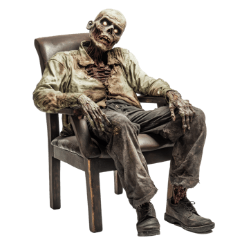 A spooky zombie sits in a chair with a haunting expression, isolated on a transparent background during Halloween, Spooky Zombie Sitting in Chair Isolated on transparent background png