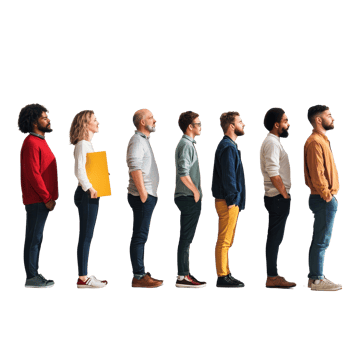 Diverse group of people waiting in line with focused expressions in a minimalist setting, Diverse people waiting patiently in line png