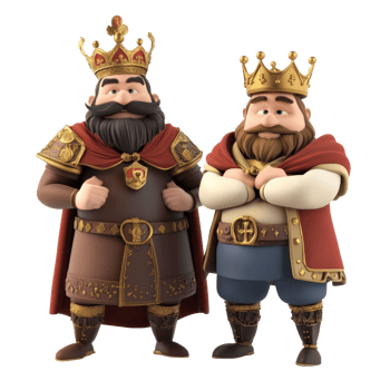 Cartoon kings stand confidently on a transparent background showcasing royal attire and features, 3D Cartoon Kings Characters on transparent background png