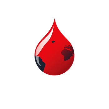 A red droplet encapsulating a globe symbolizes global health and environmental awareness, Single red droplet and earth globe flat logo for blood health event isolated on transparent background png