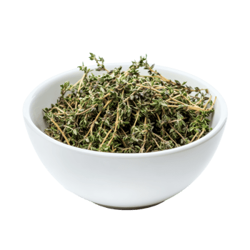 Dried thyme leaves in a transparent bowl on a clean surface for culinary use and seasoning enhancement, dry thyme leaves in transparent bowl isolated on transparent background png
