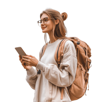 Traveling woman with a backpack using her smartphone outdoors on a bright day, file no background Traveling woman connecting with her smartphone png