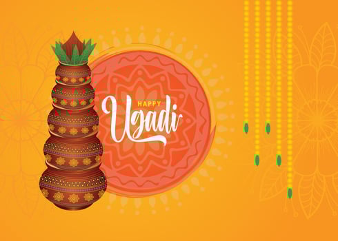 Happy Ugadi. vibrant illustration and typography celebrating the traditional New Years Day of Andhra Pradesh, Telangana, and Karnataka in India. vector